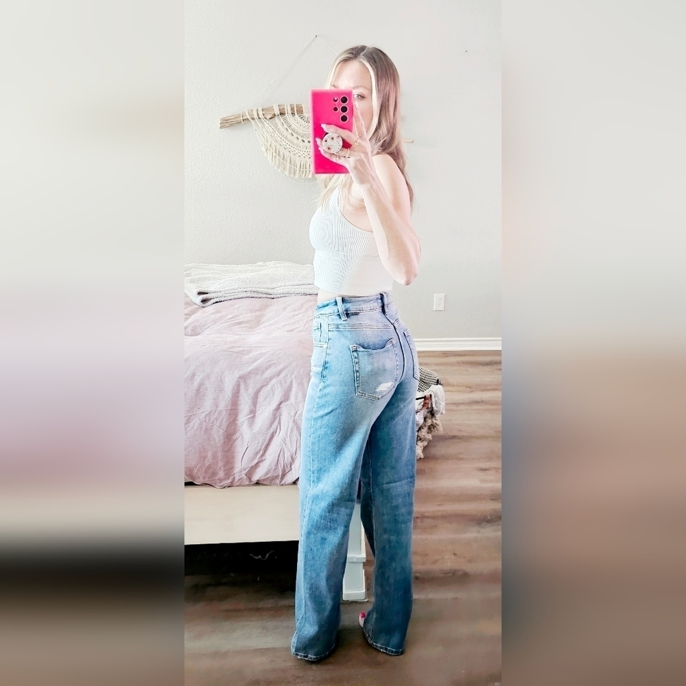 RISEN Women's Wide Leg Jeans Classic Retro Stretch Straight Medium HR 0/24 NEW - Picture 11 of 14